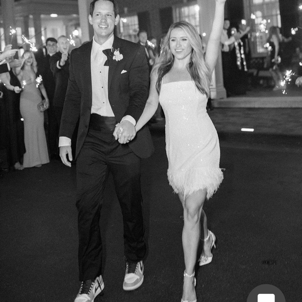 Rebecca Vallance white sequence feather dress